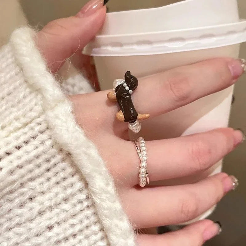 Delicate Puppy Pearl Rings for Women Girls Cute Cartoon Imitation Pearl Bead Ring Set Fashion Jewelry Accessories Student Gifts