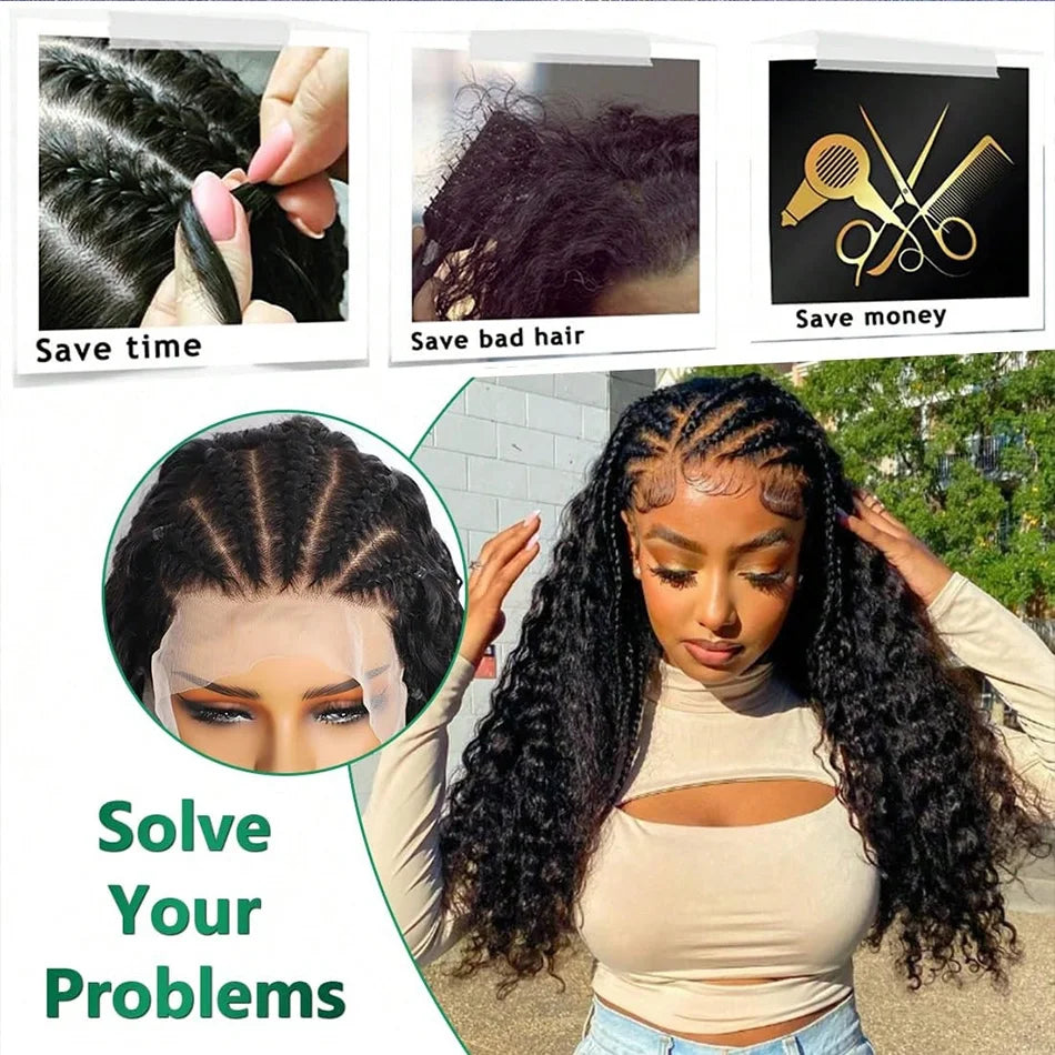 Head Braided Wigs Human Hair Deep Curly Wave 13x4 Lace Front Wigs Human Hair Bleach Knots Pre Plucked 180% Density Natural Color
