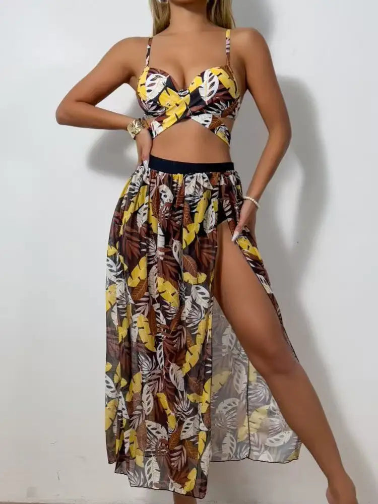 2025 New Sexy 3 Piece Bikini Set Black Push Up Bikini with Leaf Print, Low Waist Bottoms & Skirt Women's Swimsuit
