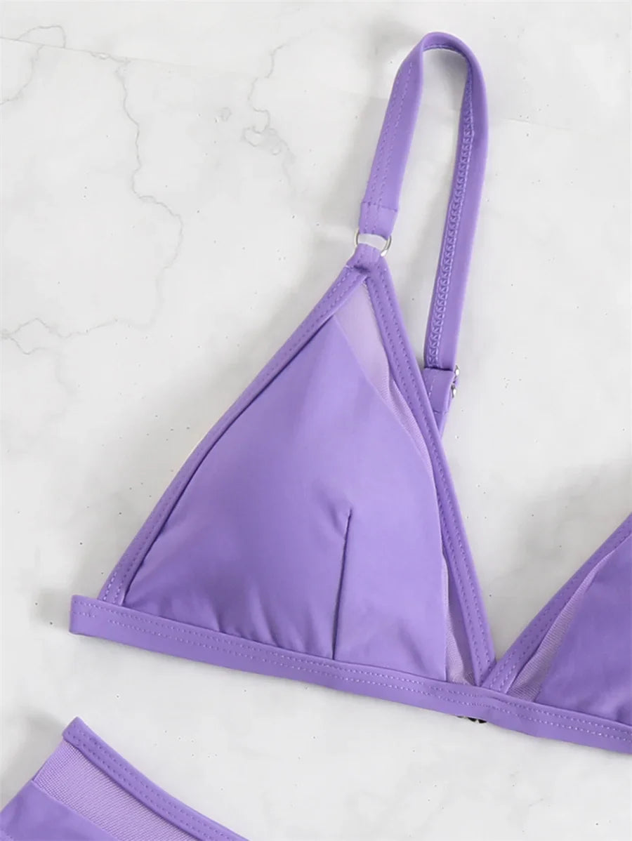 Women's Sexy Bikini Set Solid Mesh Two-Pieces Swimsuit Bra and Shorts Beachwear for Summer Surfing Vacation Swimwear 