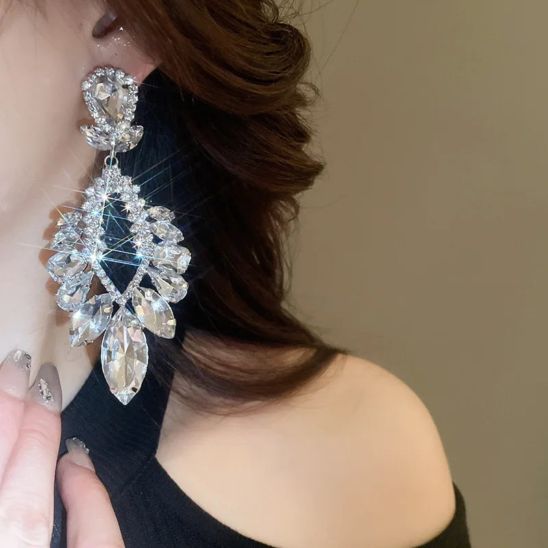 Luxury Design Sparkly Full Crystal Dangle Drop Earrings for Women Exaggerated Long Earrings Female Wedding Ear Accessories