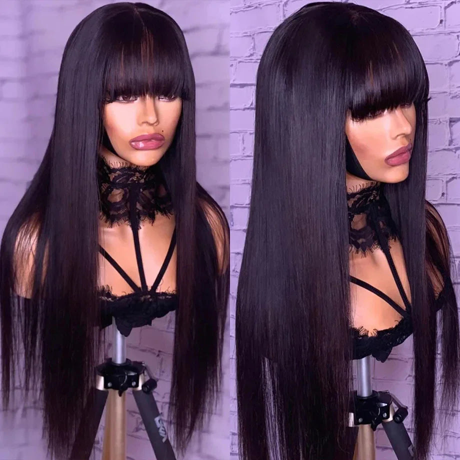 32 Inch Straight Human Hair Wigs With Bangs For Women Cheap Machine Made Fringe Wig 100% Human Hair Brazilian Wigs with Bangs