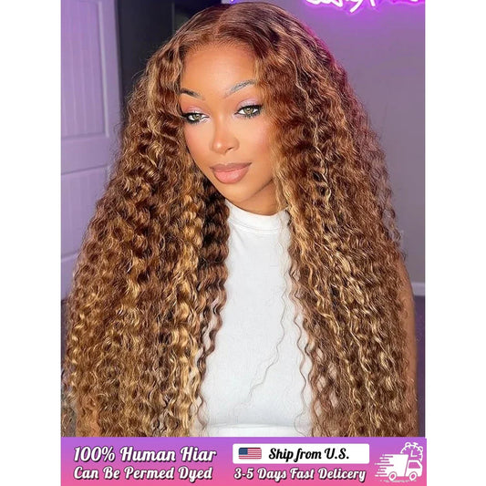 P427 Curly Highlight Wig Human Hair 13x4 HD Lace Frontal Wigs Preplucked 200 Density    100% Human Hair Deep Wave wig For Women