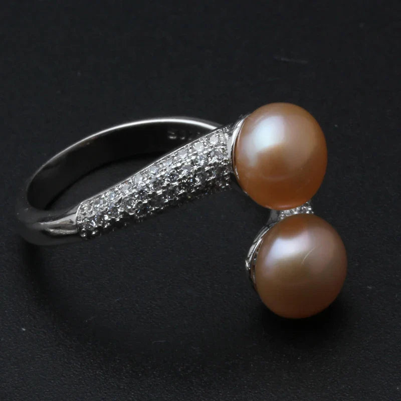 Beautiful Natural Double Pearl Rings For Women,Wedding 925 Silver Pearl Ring Adjustable Wife Mother Birthday Gift White Black