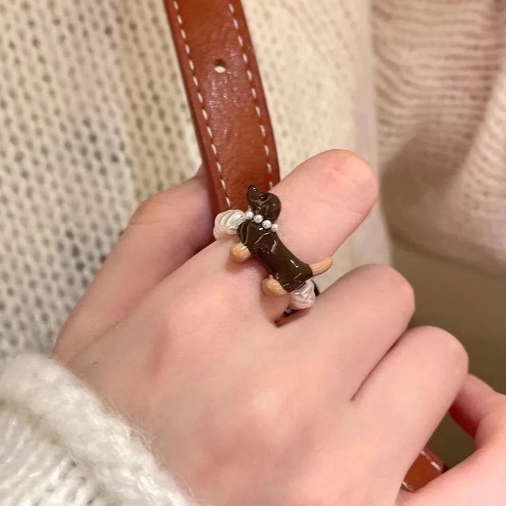 Delicate Puppy Pearl Rings for Women Girls Cute Cartoon Imitation Pearl Bead Ring Set Fashion Jewelry Accessories Student Gifts