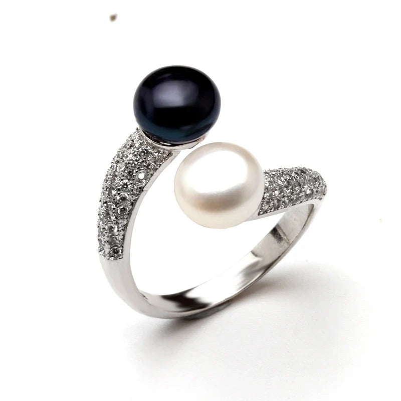 Real Natural Freshwater Black Double Pearl Ring Women,Exquisite 925 Sterling Silver Ring Fine Jewelry Adjustable