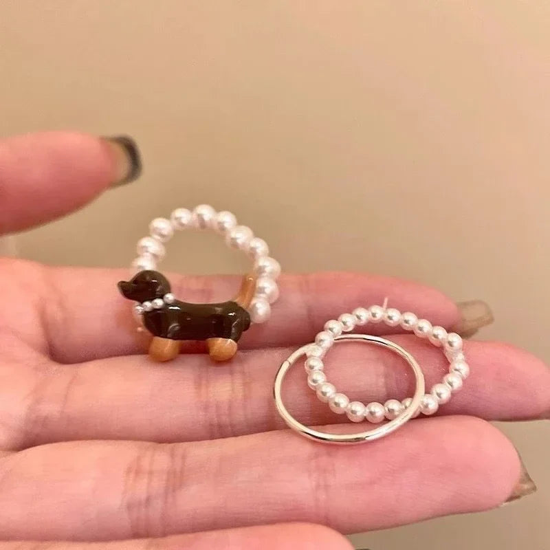 Delicate Puppy Pearl Rings for Women Girls Cute Cartoon Imitation Pearl Bead Ring Set Fashion Jewelry Accessories Student Gifts