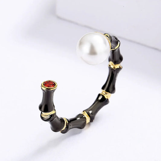 Pearl Rings for Women Creative Black Gold-color Bamboo Opening Adjustable Vintage Jewelry Party Gift