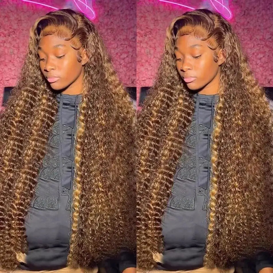 P427 Curly Highlight Wig Human Hair 13x4 HD Lace Frontal Wigs Preplucked 200 Density    100% Human Hair Deep Wave wig For Women