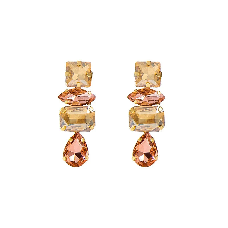 Luxury Crystal Drop Earrings for Women Geometric Champagne Peach Rhinestone Elegant Daily Wear Chic Fashion Jewelry