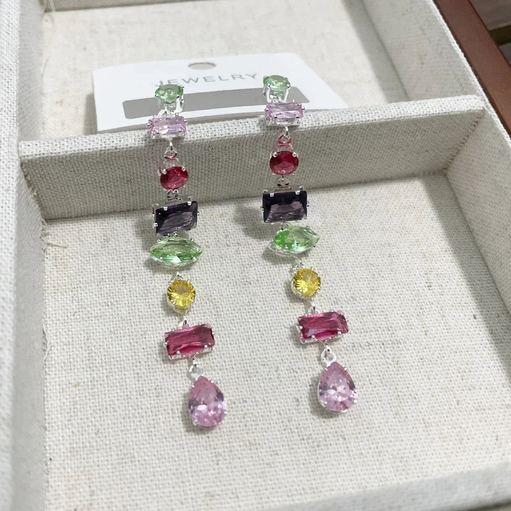 Luxury Rainbow Crystal Dangle Drop Earrings for Women Wedding Party Jewelry Accessories Gorgeous Cubic Zirconia Bridal Brincos