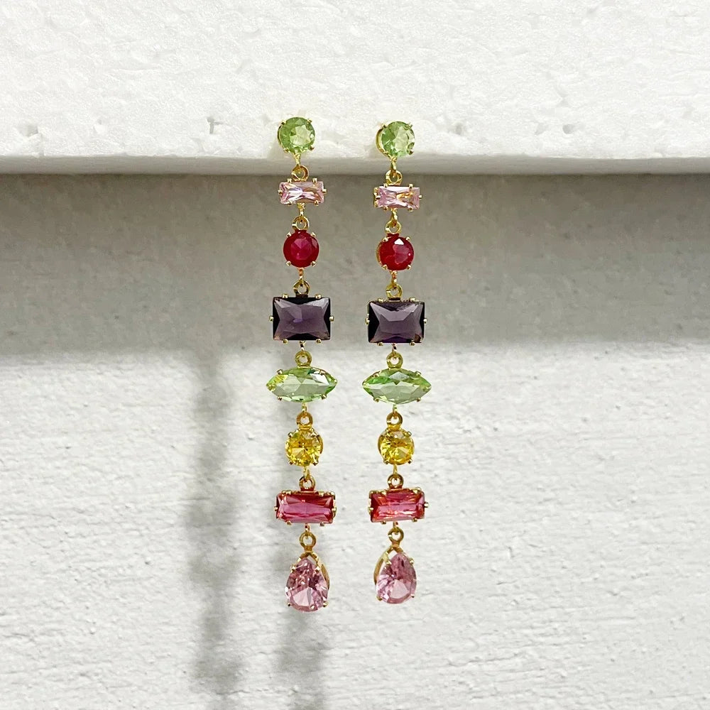 Luxury Rainbow Crystal Dangle Drop Earrings for Women Wedding Party Jewelry Accessories Gorgeous Cubic Zirconia Bridal Brincos