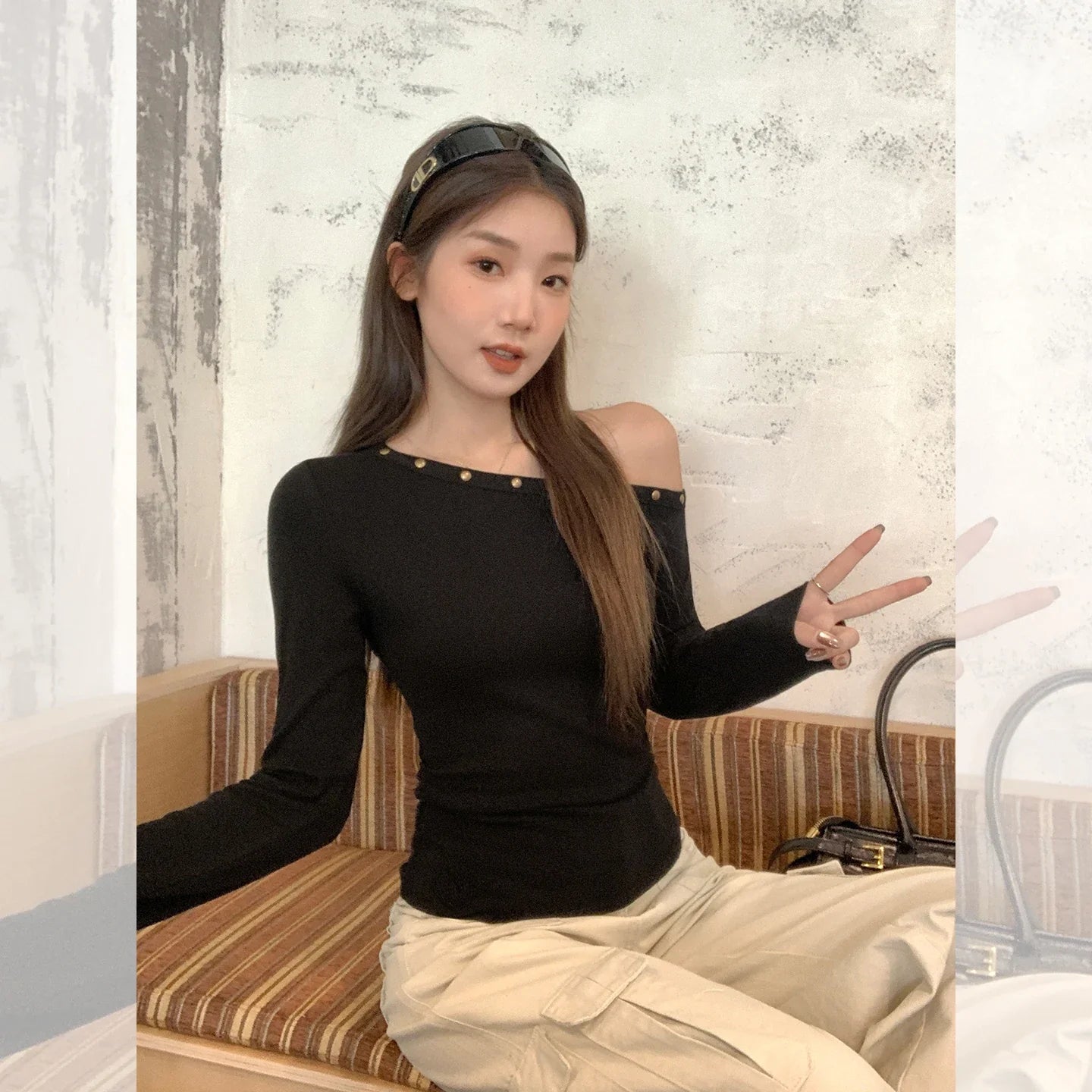 Sexy Slanted Shoulder Bottom T-shirts for Women 2025 Autumn New Black Long Sleeve Casual Slim Fit Women's Tops T-shirts