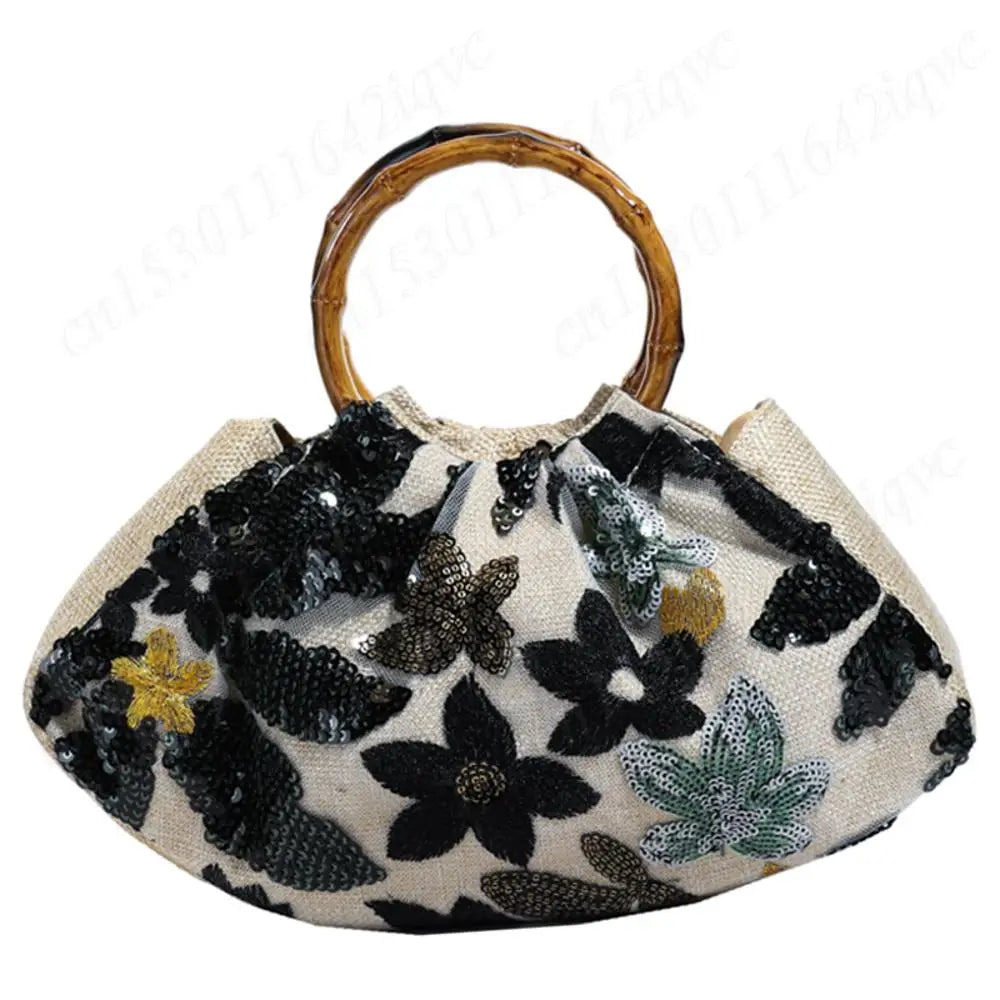 Handbags For Women Bamboo Handle Sequin Design Elegant Banquet Clutch Floral Linen Bag Women's Wrist Bags Lady Mini Purse Wallet