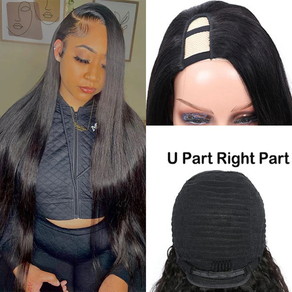 Straight U Part Wig Human Hair No Leave Out No Glue Brazilian Glueless Bone Straight Human Hair Wigs for Women 180% Density