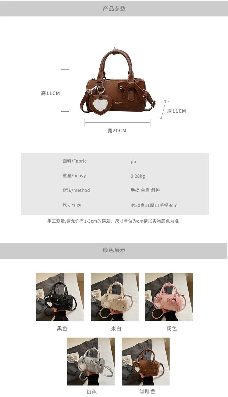 2025 Bow-Embellished Boston Bag Women Fashion Shoulder Crossbody Purse Stylish Cylinder Handbag for Work Travel Outings