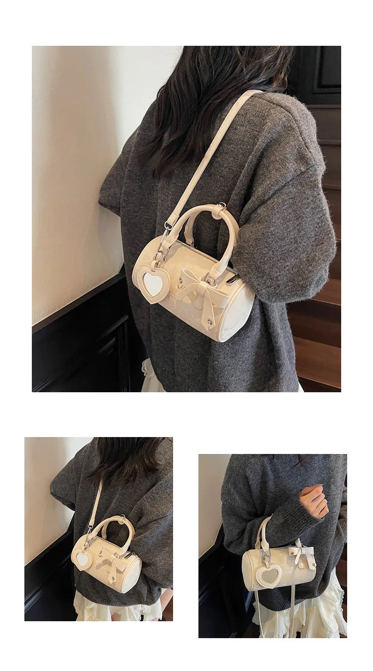 2025 Bow-Embellished Boston Bag Women Fashion Shoulder Crossbody Purse Stylish Cylinder Handbag for Work Travel Outings