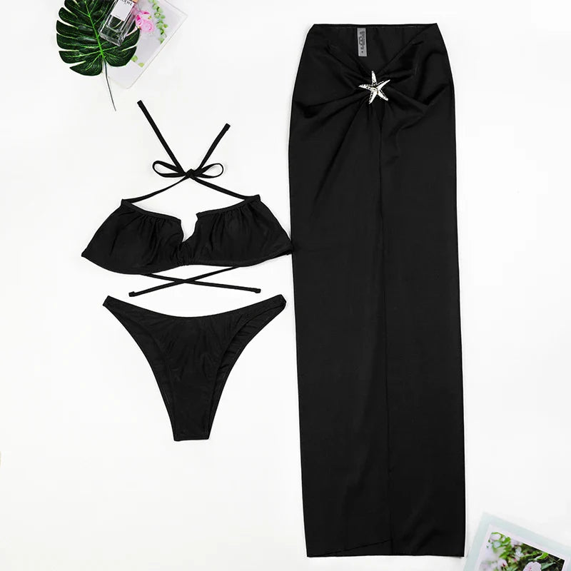 3 Pieces Bikini Set Sexy Push Up 2025 Women Swimsuit Female Swimwear Bikinis Set Brazilian Beach Wear Bathing Suit Skirt Biquini