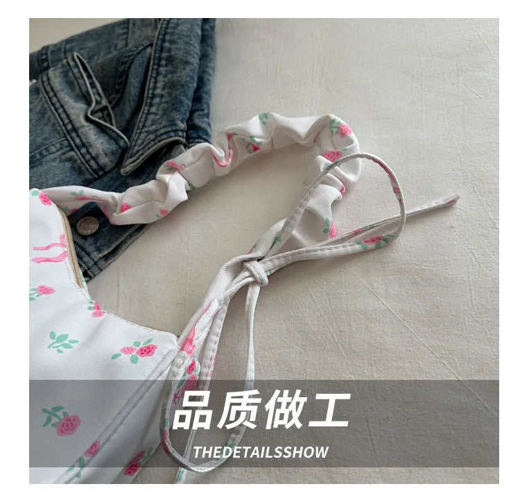 Gentle and Sweet Flower Canvas Bag for Women 2025 New Drawstring Shoulder Bag High Beauty Broken Flower Bow
