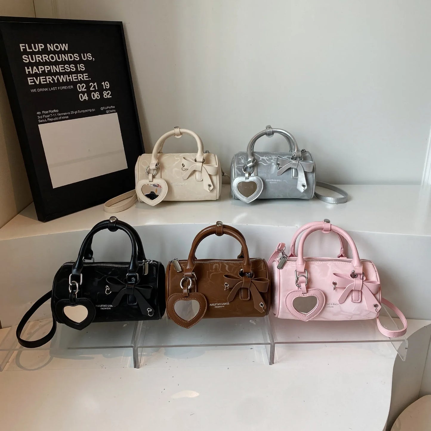2025 Bow-Embellished Boston Bag Women Fashion Shoulder Crossbody Purse Stylish Cylinder Handbag for Work Travel Outings