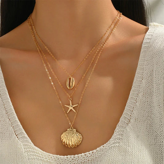 Simple Layered Pendant Necklace for Women Vintage Metal Starfish Sea Shell Multi layer Necklaces Vacation Ocean Style Jewelry