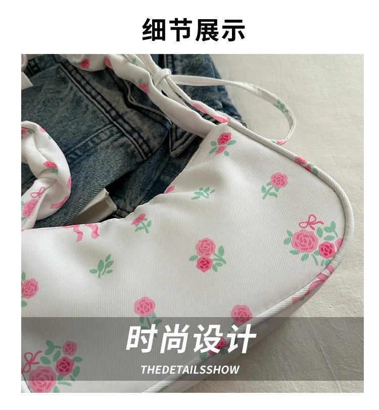 Gentle and Sweet Flower Canvas Bag for Women 2025 New Drawstring Shoulder Bag High Beauty Broken Flower Bow