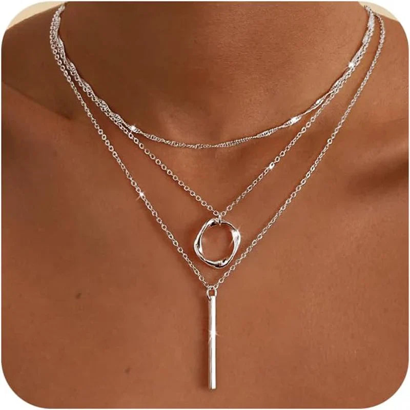 Layered 925 Silver Plated Stackable Stack Choker Necklaces Trendy Layering Circle Pendant Chain Necklace Jewelry for Women Girls