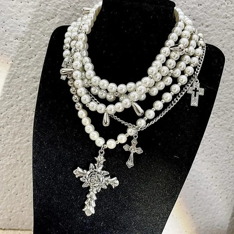 Layered Pearl Necklace for Women Gothic Cross Pearl Stacked Statement Pendant Necklace for Mom Girls Wedding Party Jewerly