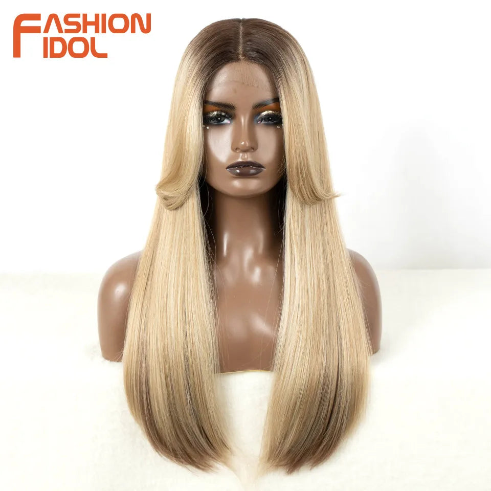 FASHION IDOL Cosplay Wig Synthetic With Bangs Lace Front Wigs For Women Ombre Brown 24 Inch Highlight Glueless Straight Lace Wig