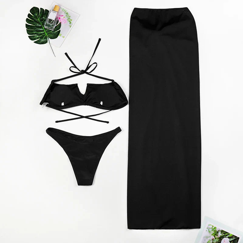 3 Pieces Bikini Set Sexy Push Up 2025 Women Swimsuit Female Swimwear Bikinis Set Brazilian Beach Wear Bathing Suit Skirt Biquini