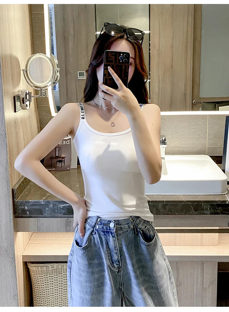 Cotton Camisole Bottom Shirt Tank Top Women Inner White Short Slim Outerwear Tops Sporty Bottom Letter Shoulder Strap