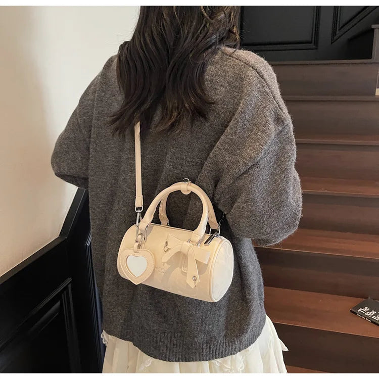 2025 Bow-Embellished Boston Bag Women Fashion Shoulder Crossbody Purse Stylish Cylinder Handbag for Work Travel Outings