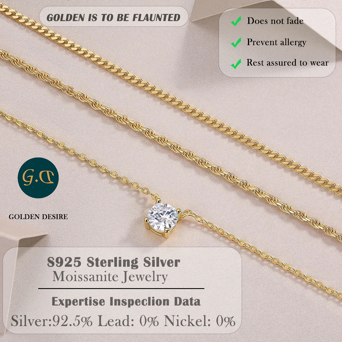 Triple Layer Necklace Moissanite Pendant S925 Sterling Silver 18K Gold Plated Minimalist Layered Jewelry for Women
