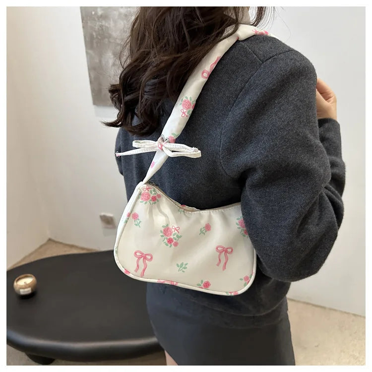 Gentle and Sweet Flower Canvas Bag for Women 2025 New Drawstring Shoulder Bag High Beauty Broken Flower Bow
