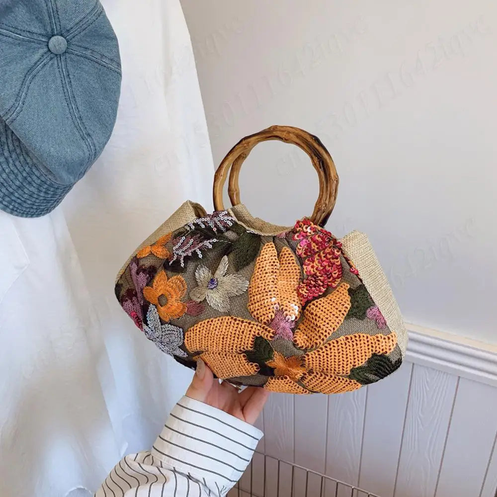 Handbags For Women Bamboo Handle Sequin Design Elegant Banquet Clutch Floral Linen Bag Women's Wrist Bags Lady Mini Purse Wallet