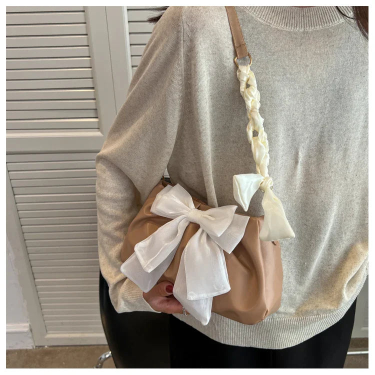 Lovely Bow Handbags for Girls Ladies Fashion Pleated Shoulder Bags for Women Simple Design Female Underarm Bag Casual Tote Purse