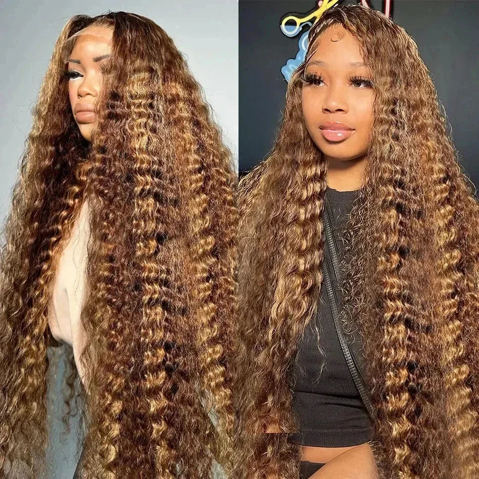 P427 Curly Highlight Wig Human Hair 13x4 HD Lace Frontal Wigs Preplucked 200 Density    100% Human Hair Deep Wave wig For Women
