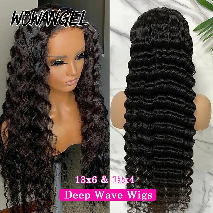 Wow Angel 34inch Human Hair Lace Frontal Wig Deep Wave 13x6 HD Lace Full Frontal Curly Wigs Melts Skins 250% Natural Pre Plucked