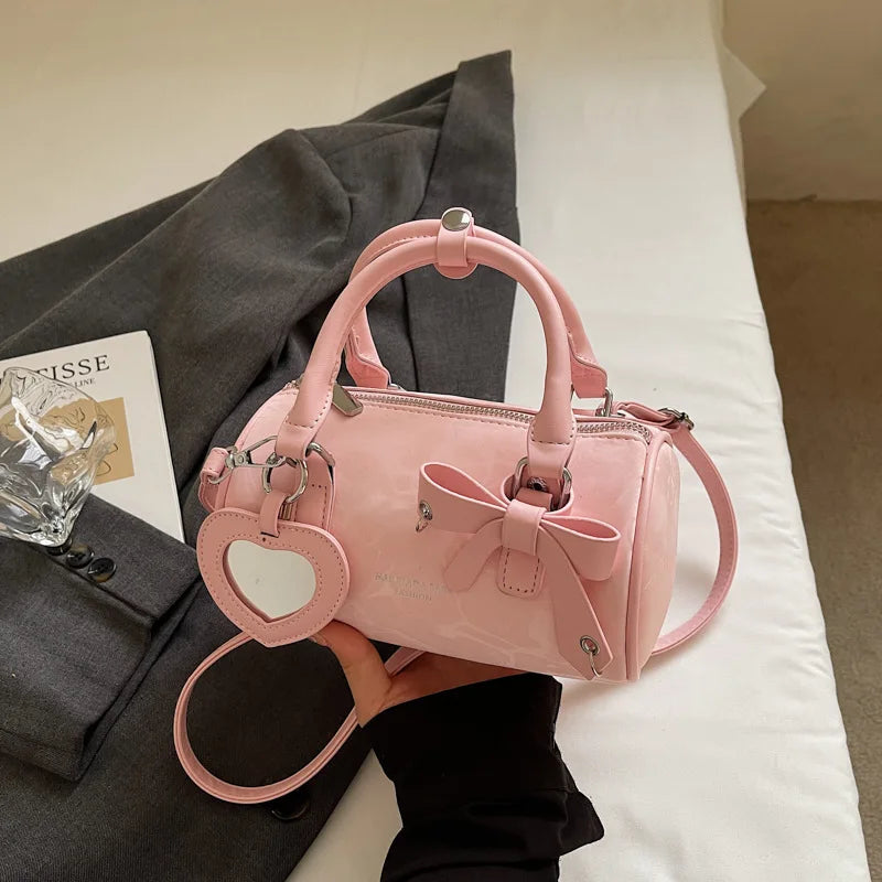 2025 Bow-Embellished Boston Bag Women Fashion Shoulder Crossbody Purse Stylish Cylinder Handbag for Work Travel Outings