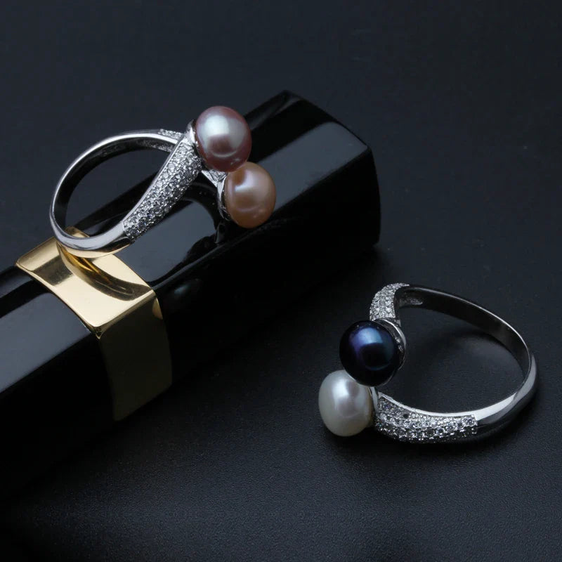 Beautiful Natural Double Pearl Rings For Women,Wedding 925 Silver Pearl Ring Adjustable Wife Mother Birthday Gift White Black