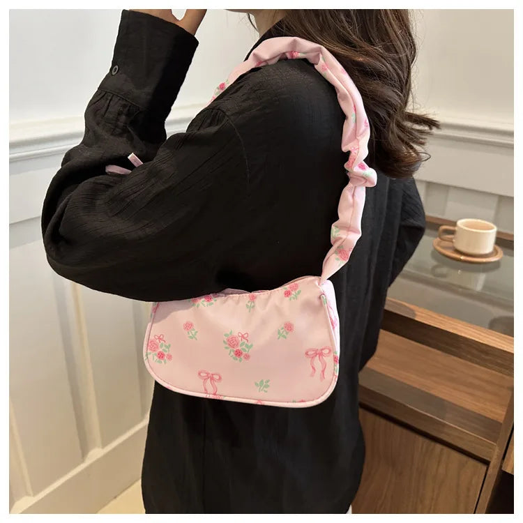 Gentle and Sweet Flower Canvas Bag for Women 2025 New Drawstring Shoulder Bag High Beauty Broken Flower Bow