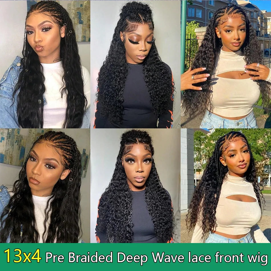 Head Braided Wigs Human Hair Deep Curly Wave 13x4 Lace Front Wigs Human Hair Bleach Knots Pre Plucked 180% Density Natural Color