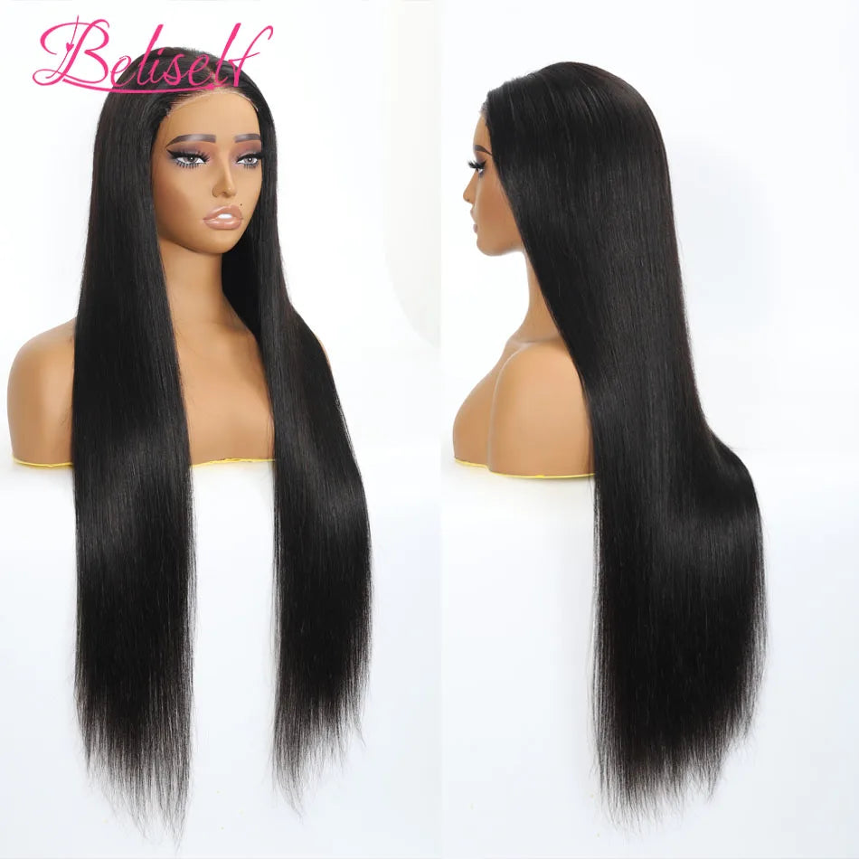Beliself Glueless Human Hair Wig Straight 13x6 HD Lace Frontal Wig Pull Go Glueless Wig Human Hair with Elastic Drawstring