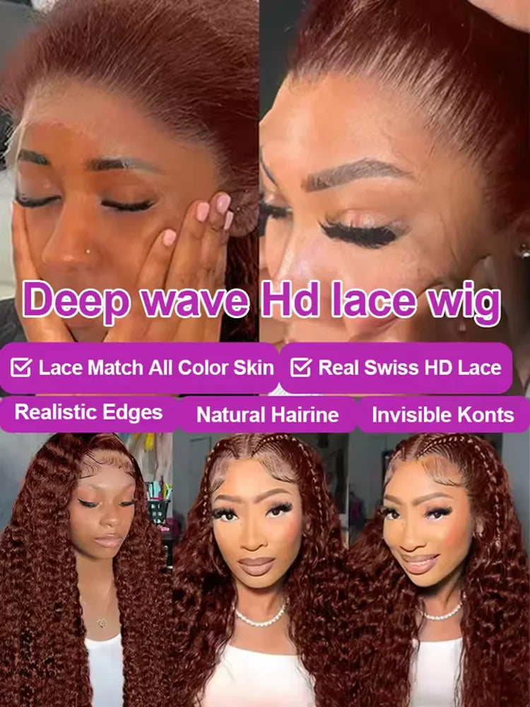 Loose Deep Wave 13x4 Hd Lace Frontal Reddish Brown Human Hair Curly Wigs Water Wave Brazilian Brown Colored Wigs For Women