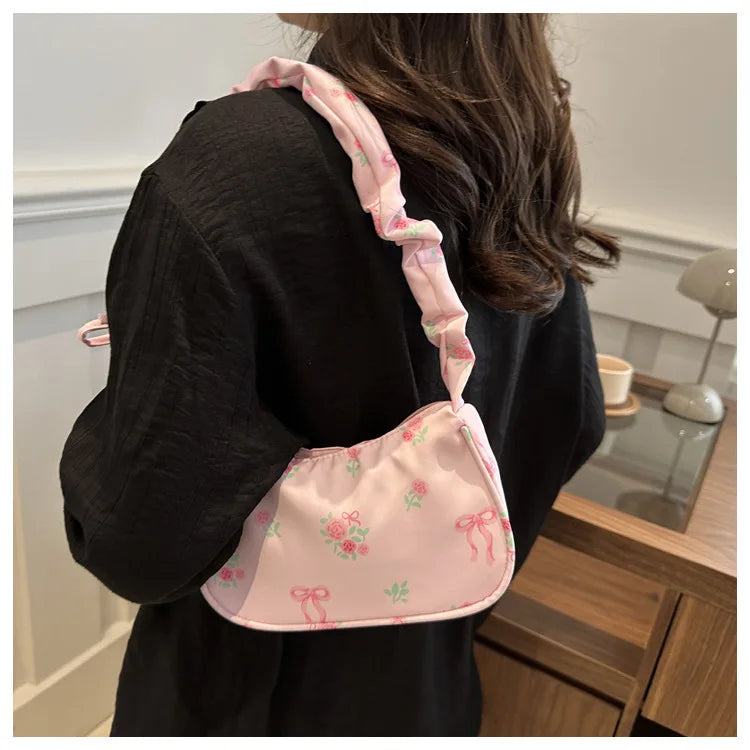 Gentle and Sweet Flower Canvas Bag for Women 2025 New Drawstring Shoulder Bag High Beauty Broken Flower Bow